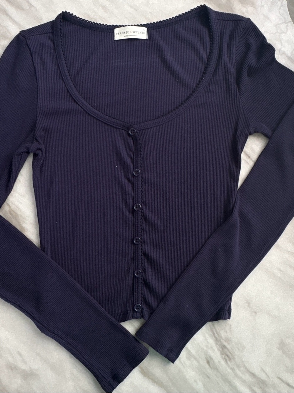 Navy Ribbed Scoop-Neck Button-Front Long Sleeve Top